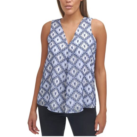 Calvin Klein Abstract Print Sleeveless V Neck Top Size XL Blue Minimalist Preppy - Picture 1 of 10